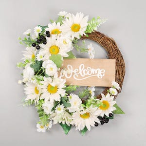 Corona de girasol artificial blanca de 16 pulgadas, corona de primavera para puerta de entrada, decoración de bienvenida para puerta de restaurante