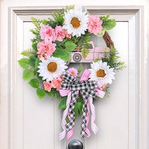 Corona de girasol artificial blanco de 16 pulgadas, corona de peonía rosa para puerta de entrada, corona decorativa para ventana de centro comercial