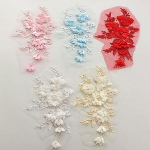 Parche de encaje con cuentas y bordado de flores sólidas, aplique de encaje con cuentas de diamantes de imitación para vestido de noche