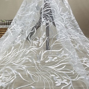 White Solid Floral Embroidery Lace Fabric for Wedding Dress,Sequins Embroidered Flower Tulle Fabric