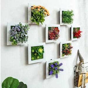 Puede incluir: Nueve marcos cuadrados blancos con diferentes plantas y flores artificiales en su interior. Los marcos est&aacute;n dispuestos en forma de cuadr&iacute;cula en una pared blanca. Las plantas incluyen suculentas, lavanda y helechos.
