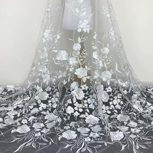 Solid Floral Embroidered Lace Fabric,White Luxurious Wedding Bridal Dress Lace Fabric,Sequins Big Flower Prom Dress Fabric Accessories
