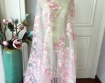 1 Yard Luxuriöser, bunter, mit Blumen bestickter Spitzenstoff für Kleider, Abschlussballkleider, weiche florale Hochzeitskleider
