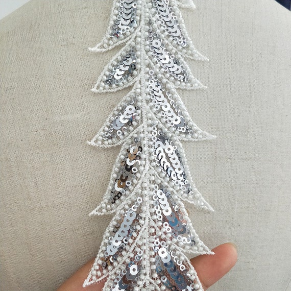 Silver Beading Sequin 3D long leaf Lace Applique Patch,bridal lace applique,Embroidered Appliques for Headwear,waist belt