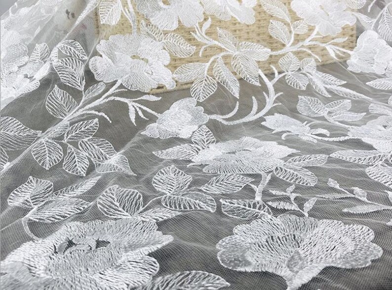 1 Yard White Gauze Luxurious Flower Embroidered Lace Fabric for DIY dress,Prom Dress,Wedding Bridal Dress,Soft Rhododendron Floral Fabric
