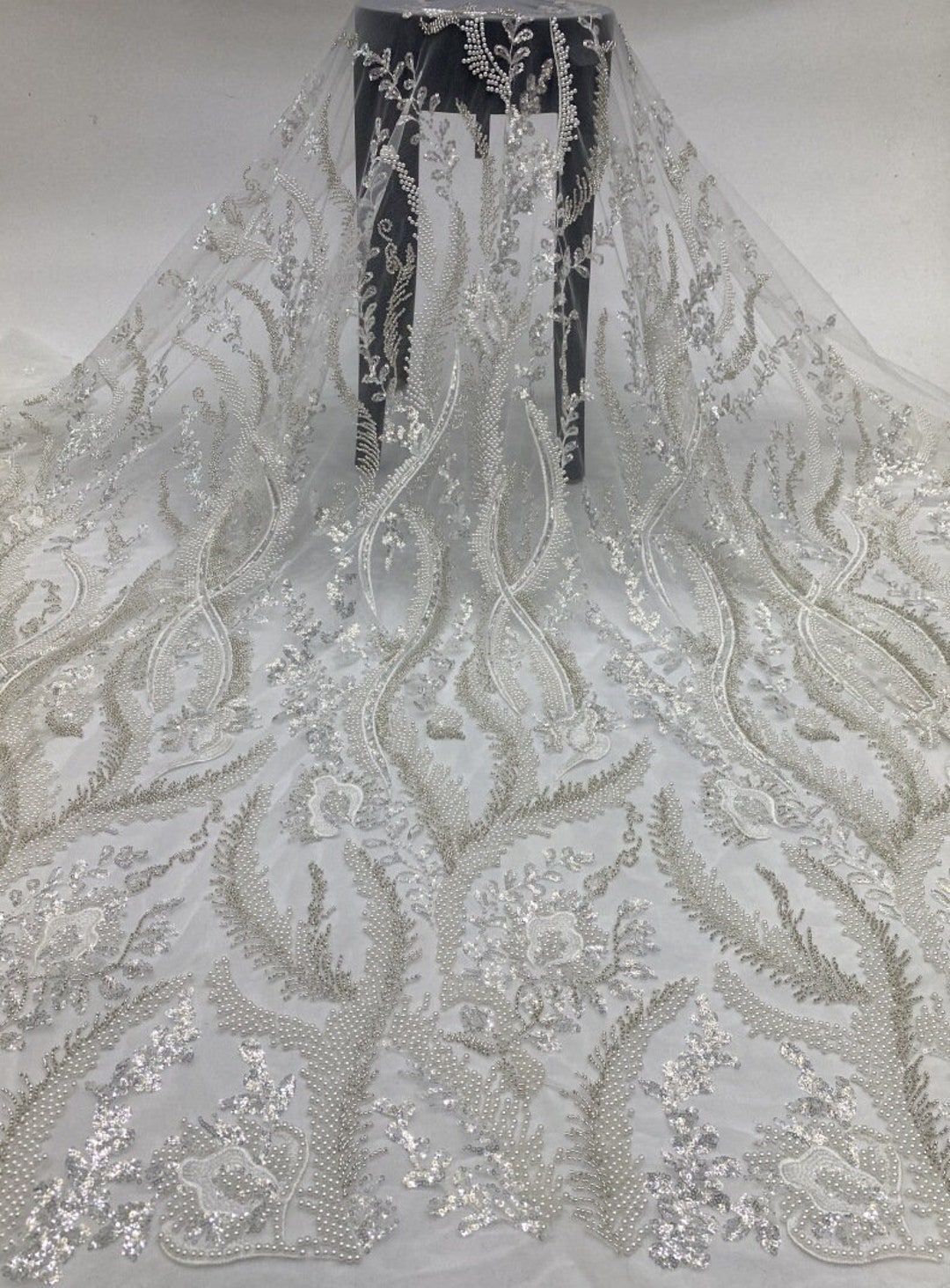 1 Yard Beading Embroidered Flower Lace Fabric for Wedding Dress