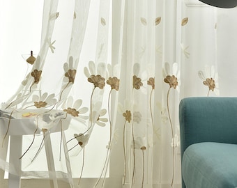 White Yarn Floral Embroidery Lace Fabric,Curtain Country Style Flower Tulle Fabric Height 106"