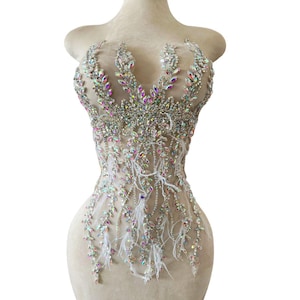 Luxurious Rhinestone Beaded Lace Patch, Wedding Bridal Dress Bright Diamond Front Big Size Applique Costume Dress Lace Accessories