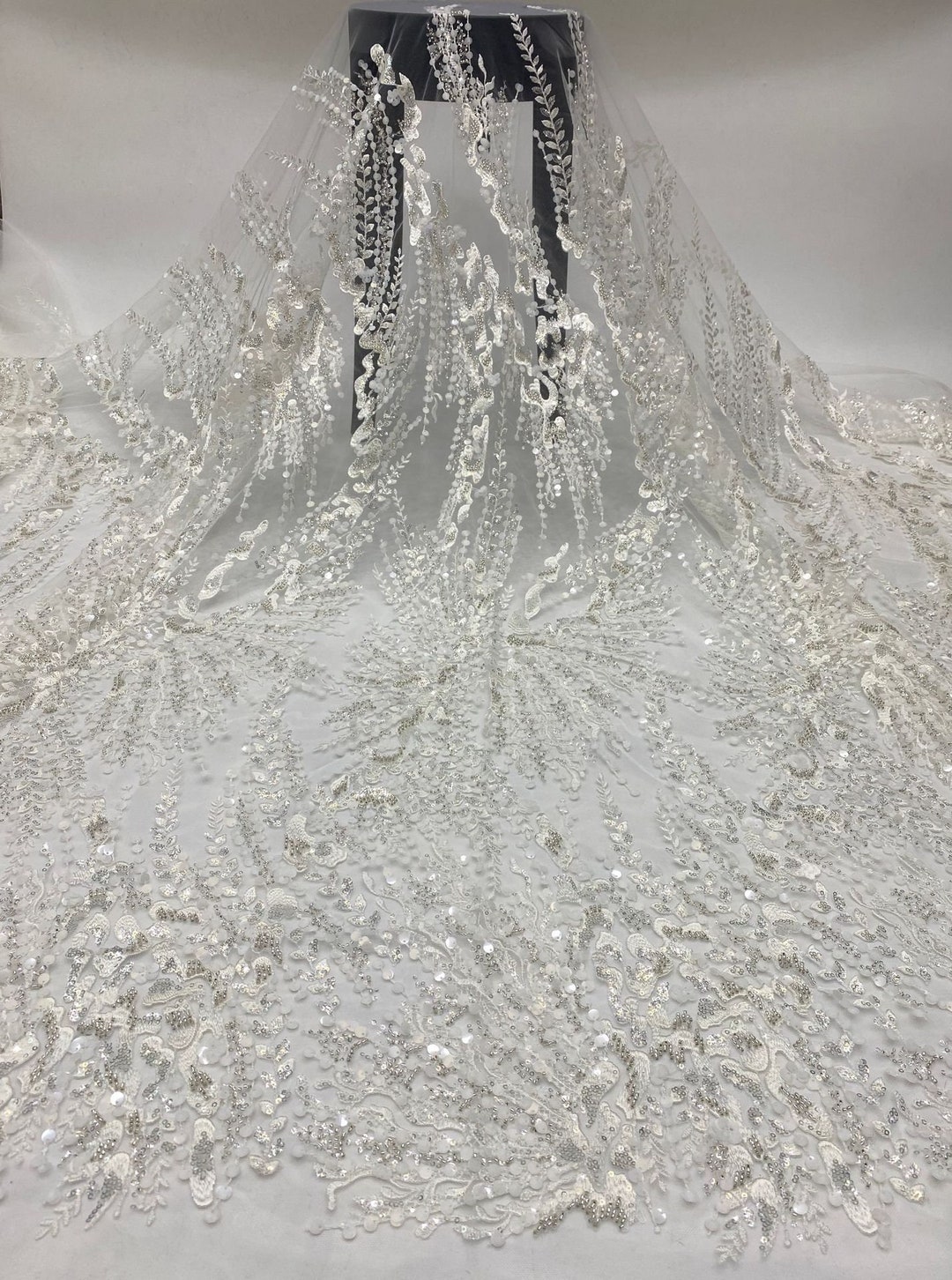 1 Yard Beaded Embroidered Flower Lace Fabric for Wedding Dress