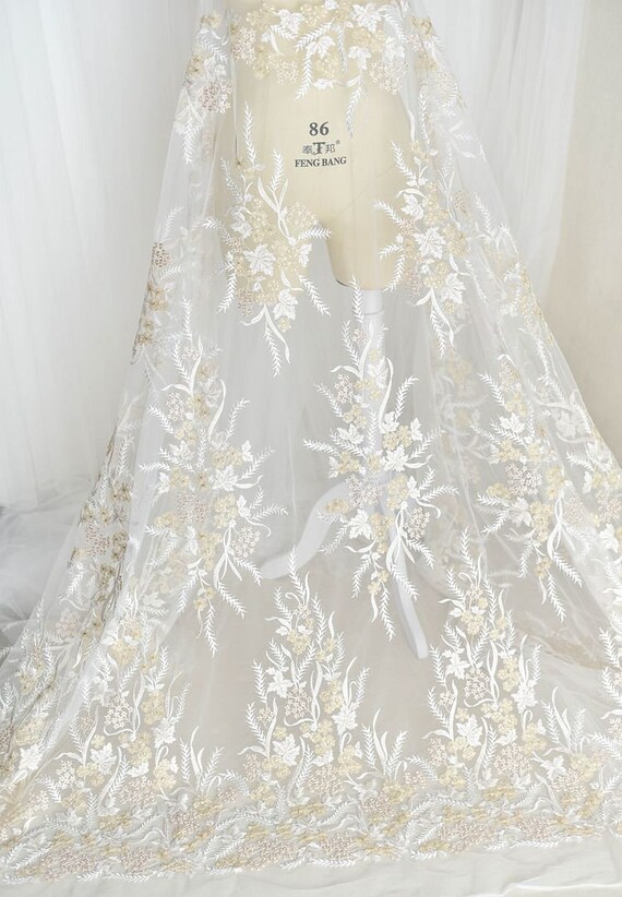 white and gold dress material White Embroidered Georgette Fabric, Gold Sequins, Indian Patchwork Pattern