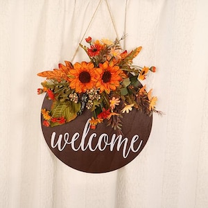 Corona de flores de girasol artificial de 12 pulgadas, corona de bienvenida para puerta de entrada, decoración para colgar en la puerta