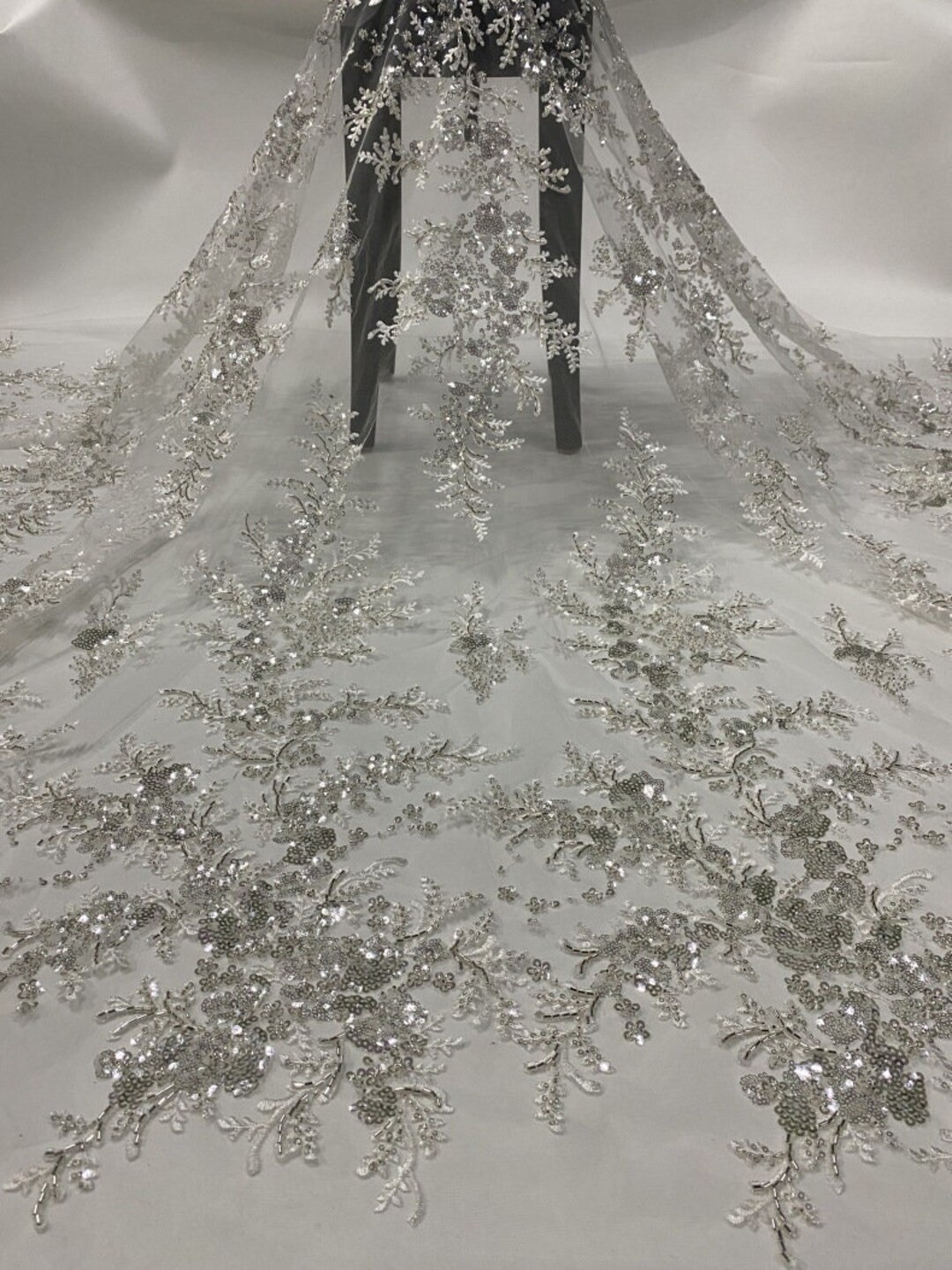 1 Yard Beaded Embroidered Flower Lace Fabric for Wedding Dress