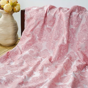 1 Yard Pink Rose Floral Brocade Clothing Fabric High Grate Relief Romantic Pattern Satin Fabric for Dress Skirt Suit Pants Coat