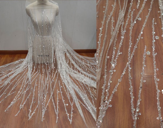 knee length dresses for ladies Silver Fine Embroidered Beaded Mesh Lace Fabric main image 1