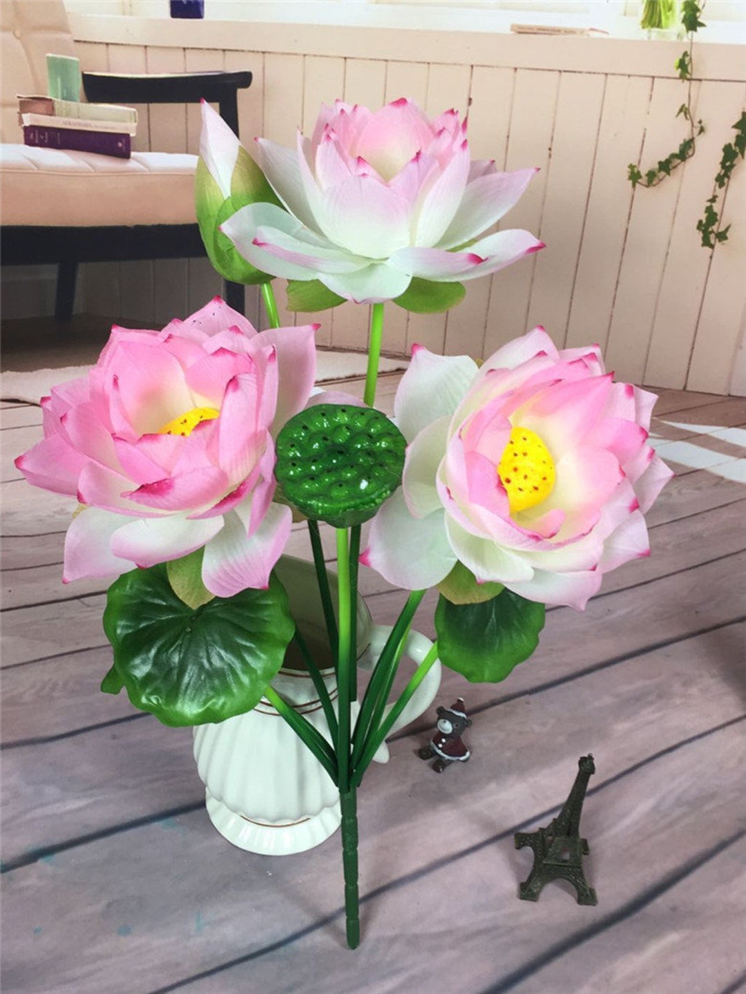 Artificial Flowers Decor Winter Artificial Fake Flowers with Ceramic  Vase,Artificial Lotus Flower for Living Room House Flowers Decoration  Artificial