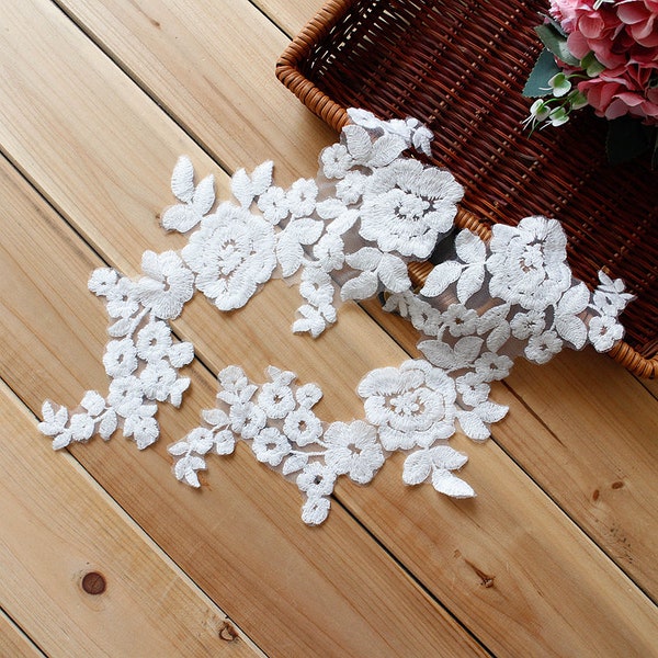 Ensemble de 2 pièces de coton blanc brodé de fleurs, appliques de dentelle, appliques de dentelle de mariée, appliques brodées 30 cm x 10 cm