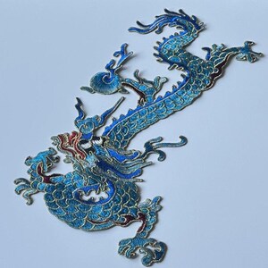 Parche bordado de dragón azul, aplique grande para coser en ropa.