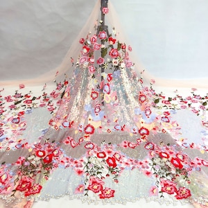 1 Yard Red Luxurious Solid Sequins Tree Floral Embroidered Lace Fabric for dress,Prom Dress Lace,Bridal Dress Lace Fabric,Stage clothes Lace