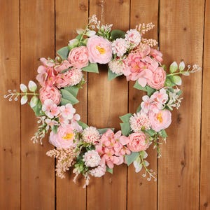 Corona de peonías rosas artificiales de 16 pulgadas, corona de primavera para puerta de entrada, corona de flores para patio al aire libre, decoración colgante para puerta de tienda