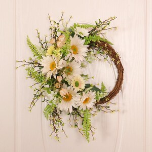 Corona de girasol artificial blanca de 18 pulgadas, corona de primavera para puerta de entrada, decoración de bienvenida de tienda en la puerta