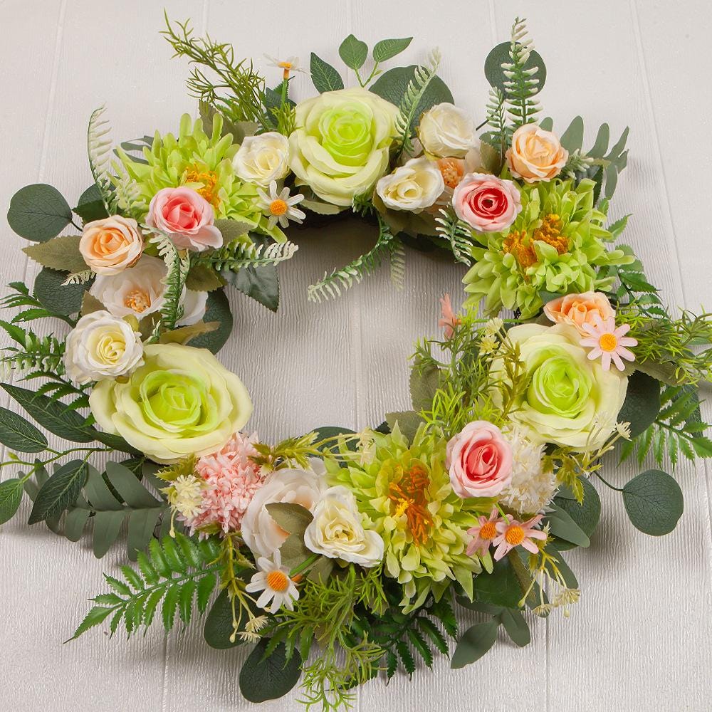 Ghirlande per porte, ghirlanda primaverile estiva per porta d'ingresso, rosa viola orchidea crisantemo dente di leone Gypsophila ghirlanda a cerchio, appendiabiti colorato per la decorazione domestica