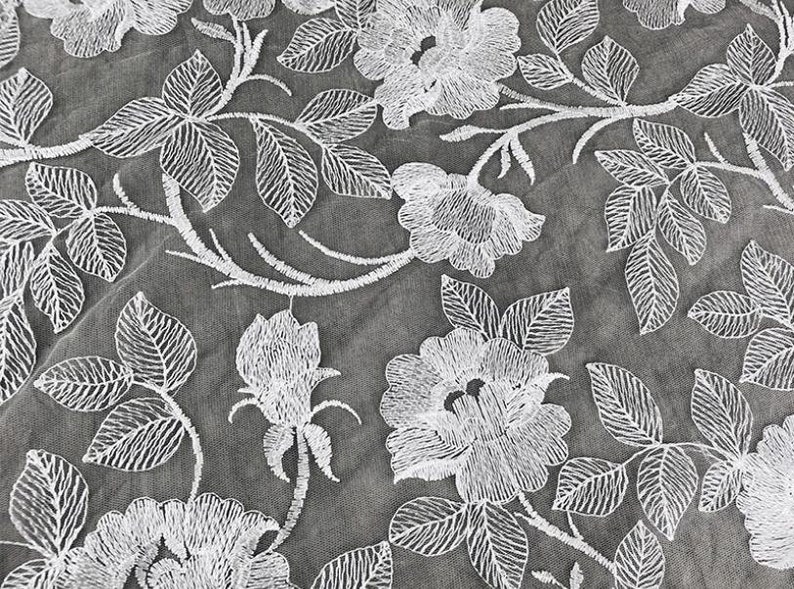 1 Yard White Gauze Luxurious Flower Embroidered Lace Fabric for DIY dress,Prom Dress,Wedding Bridal Dress,Soft Rhododendron Floral Fabric