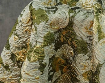 3D Raised Golden Rose Jacquard Fabric, Vintage Oil Painting Floral Embossed Woven Cloth for Dress, Suit, Upholstery & DIY Sewing