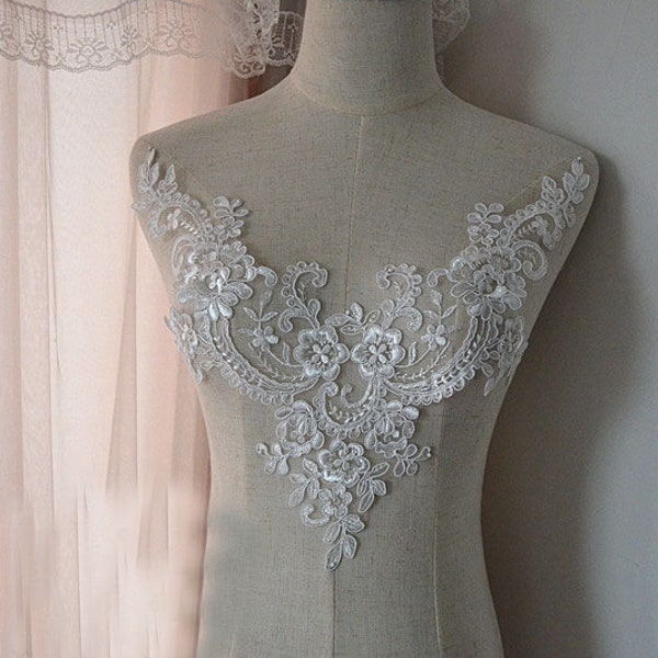 white V neckline Flower Lace Applique Patch,bridal lace applique,Embroidered Appliques for bridal dress,prom dress