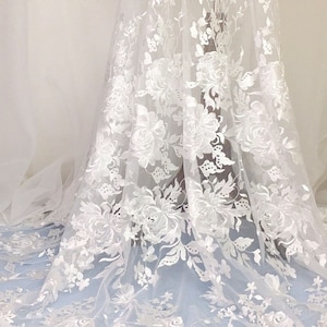 1 Yard White Gauze Luxurious Floral Embroidered Lace Fabric for DIY dress,Prom Dress,Wedding Bridal Dress Fabric,Nightgown Lace