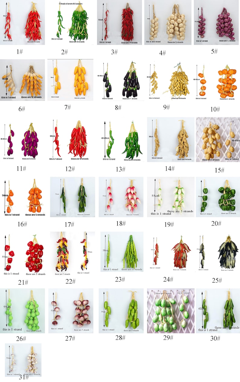 Pu&ograve; includere: Assortimento di 31 mazzi di frutta e verdura artificiali, tra cui peperoncini rossi, peperoni verdi, melanzane viola, peperoni gialli, aglio, cipolle e altro ancora. Ogni mazzo &egrave; numerato e indica la quantit&agrave; di fili inclusi.