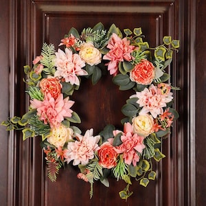 Corona de dalia artificial naranja de 18 pulgadas, corona de peonía para puerta de entrada, decoración de bienvenida de tienda en la puerta
