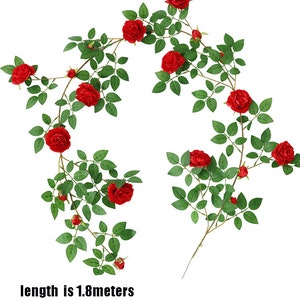 May include: Artificial red rose vine with green leaves. The vine is 1.8 meters long.