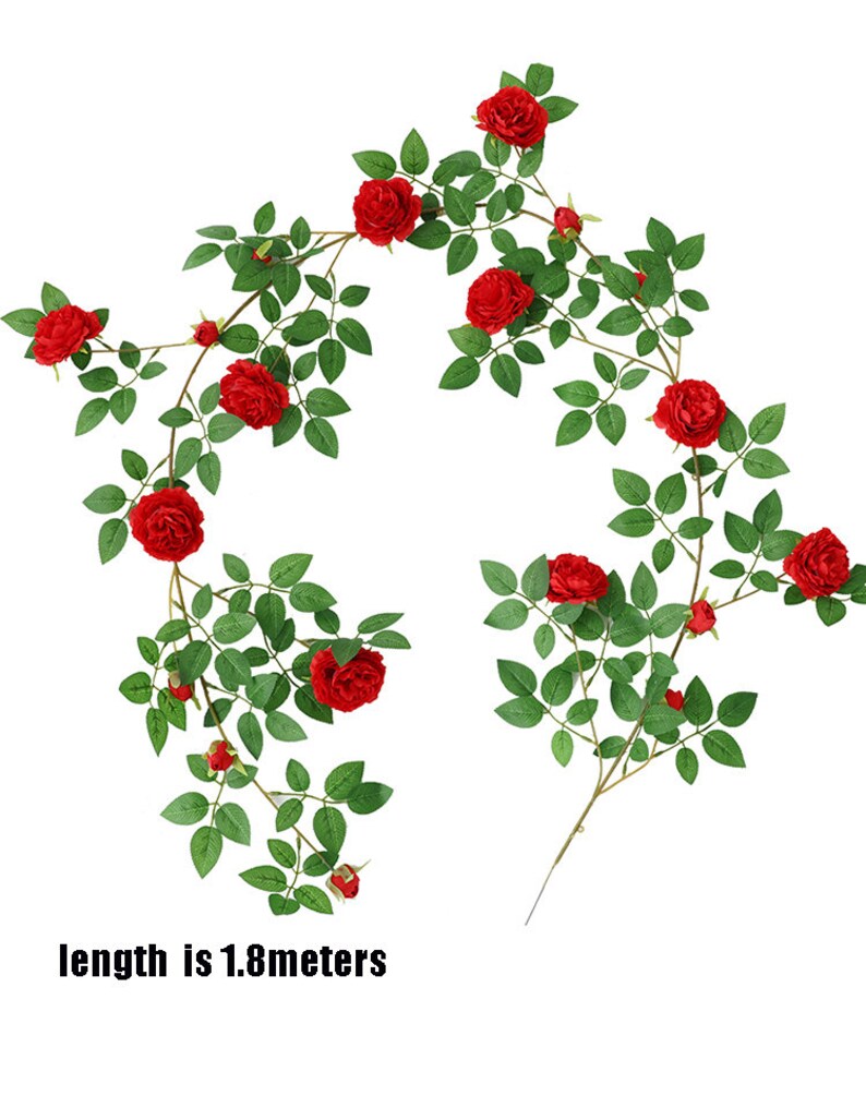 May include: Artificial red rose vine with green leaves. The vine is 1.8 meters long.