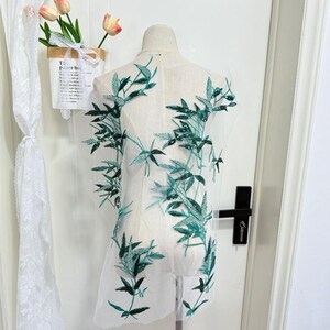 1 par de parches de encaje bordados con cuentas de bambú cian, apliques de encaje con lentejuelas para vestido de noche