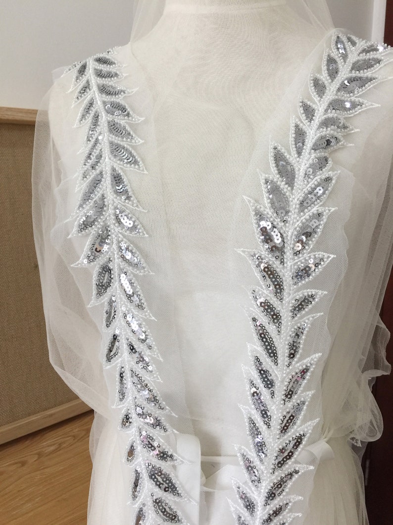 Silver Beading Sequin 3D long leaf Lace Applique Patch,bridal lace applique,Embroidered Appliques for Headwear,waist belt