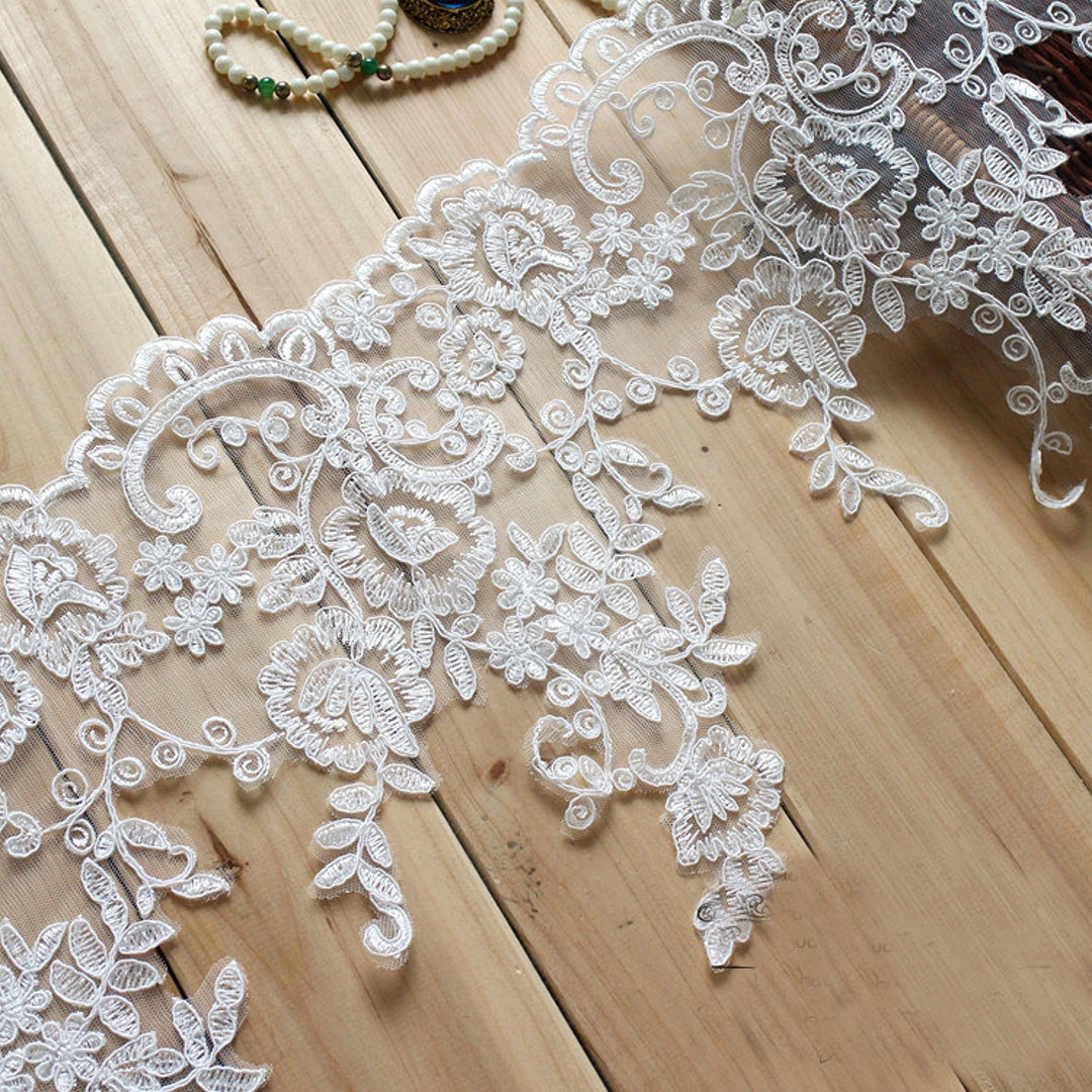 Tela de encaje blanco para vestido de novia bordado con - Etsy México