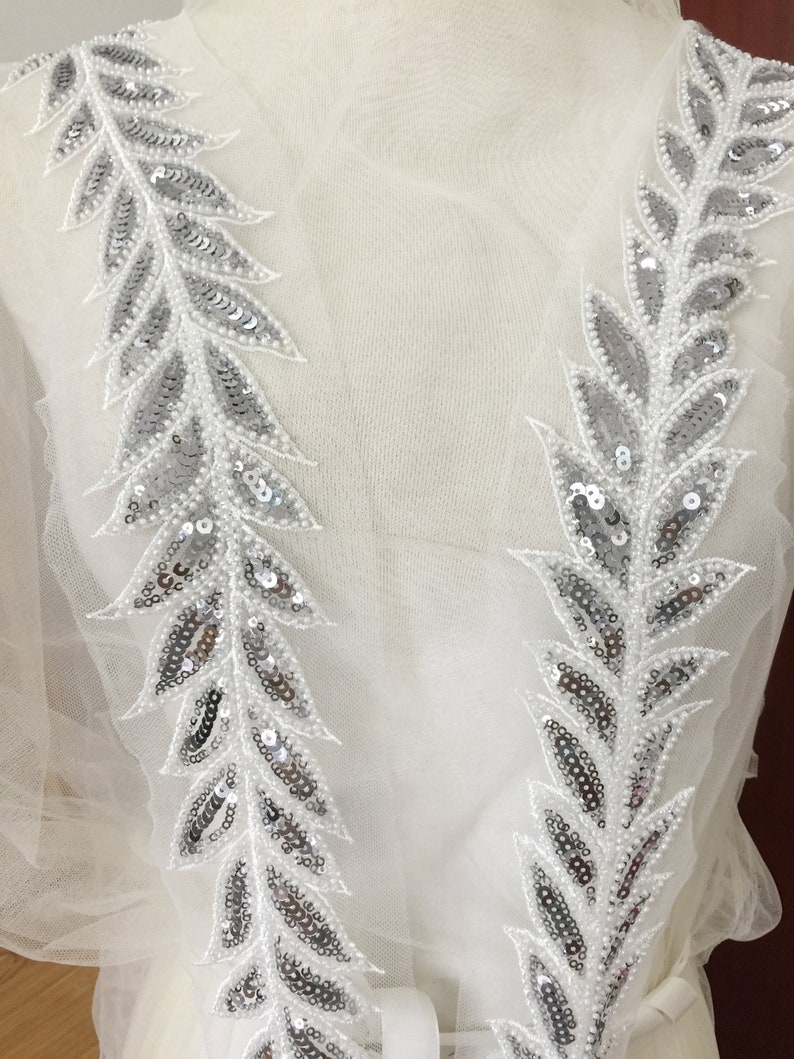 Silver Beading Sequin 3D long leaf Lace Applique Patch,bridal lace applique,Embroidered Appliques for Headwear,waist belt