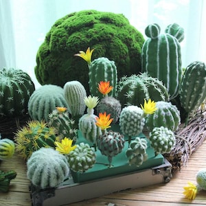 Puede incluir: Una colección de cactus artificiales de diversas formas, incluyendo redondas, cilíndricas y ovaladas. Los cactus son principalmente verdes con espinas blancas y algunos tienen flores amarillas o naranjas. Una gran esfera cubierta de musgo se encuentra en el fondo.