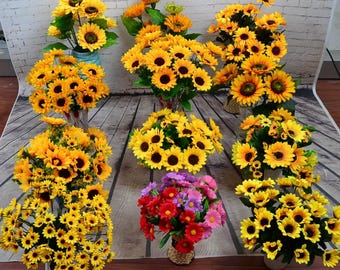 Buquê de Girassóis Artificiais, Arranjo de Flores de Girassol Amarelo Simulado