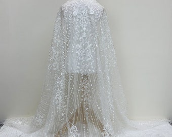 Off-white Embroidery Floral Lace Fabric Wedding Dress Solid Sequin Flower Tulle Fabric