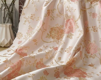 Tela de brocado Floral dorado rosa para ropa, tela de raso con patrón de flores sólidas románticas de rejilla alta para vestido, falda, traje, abrigo, 1 yarda