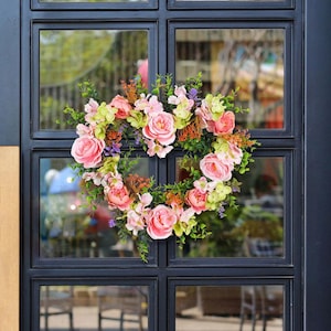 Corona de flores de peonía rosa artificial de 16 pulgadas, corona para puerta de entrada, corona para colgar en la pared, decoración de puerta de tienda en la puerta