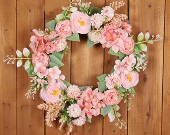 16 inch Artificial Peony Flower Wreath,Wedding Pink Flowers Door Wreath,Courtyard Plant Decoration