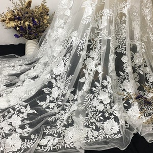 1 Yard White Gauze Luxurious Solid Flower Embroidered Lace Fabric for Dress,Prom Dress Lace,Wedding Bridal Dress Lace,Soft Lace Fabric