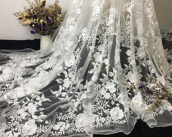 White Gauze Solid Flower Embroidery Lace Fabric for Wedding Dress,Sequins Soft Tulle Fabric