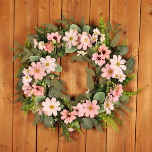 18 inch Artificial Wild Daisy Wreath, Lovely Front Door Wreath,Pink White Flower Wreath Door Decoration,Wall Hanging Flower