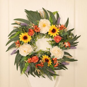 Corona de flores de peonía beige artificial de 20 pulgadas, corona grande para puerta de entrada de primavera, corona decorativa para puerta de tienda