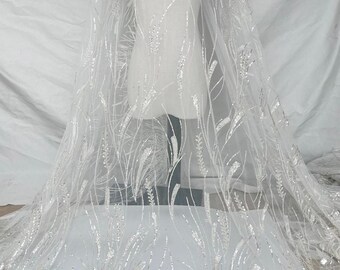 Silver Beaded Lace Fabric,Wedding Dress Flower Sequin Embroidered Beading Tulle Fabric