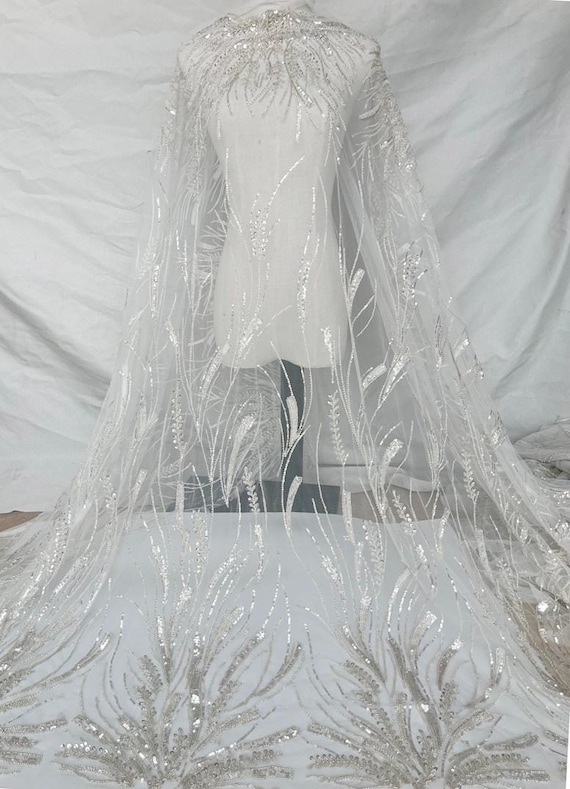silver lace fabric for dresses Silver Beaded Bridal Lace #28848