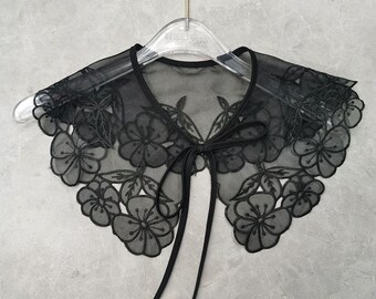 Cuello de camisa bordado blanco, cuello falso de encaje de doble capa con lazo para niña.